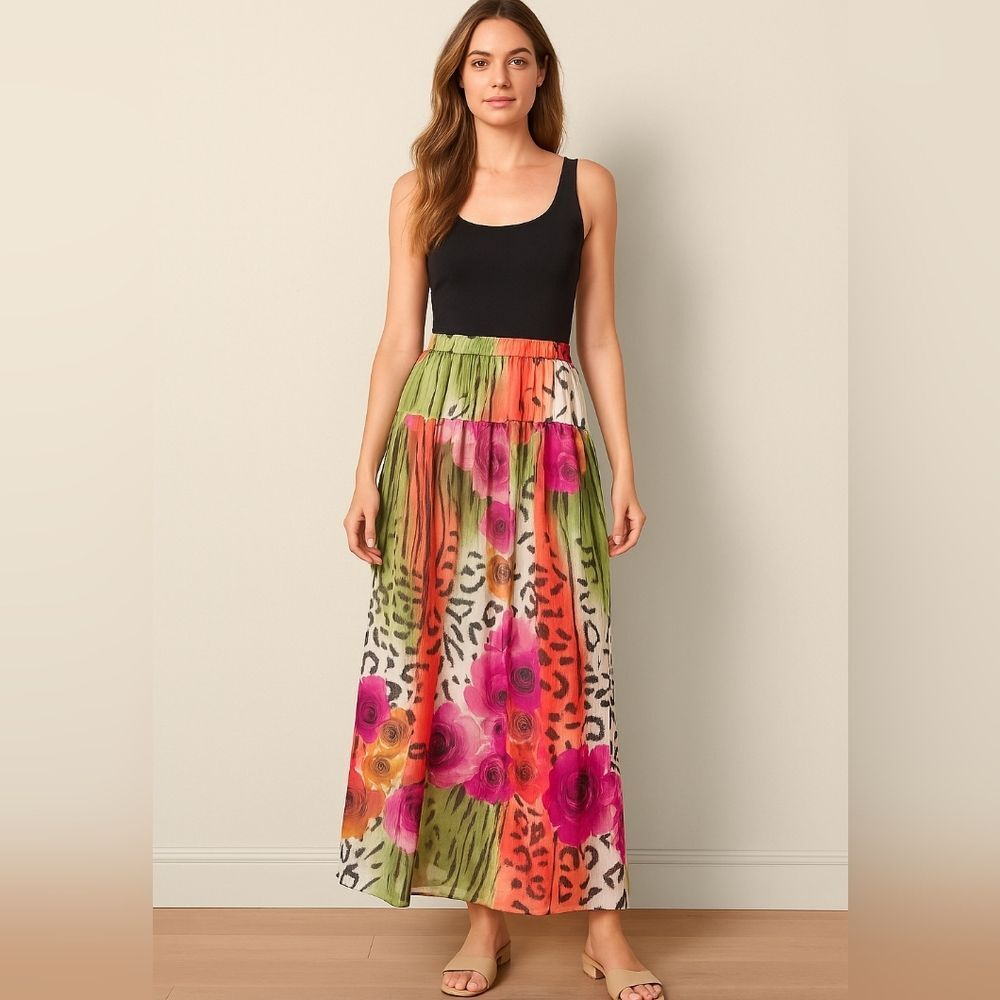 New Boston Proper Floral Animal Affair Leopard Maxi Skirt Boho Size 8 Side Zip